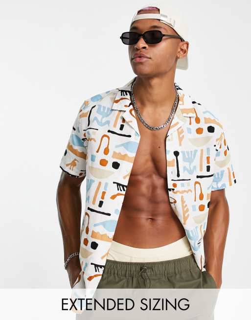 ASOS DESIGN - Camicia comoda in lino con rever e stampa astratta