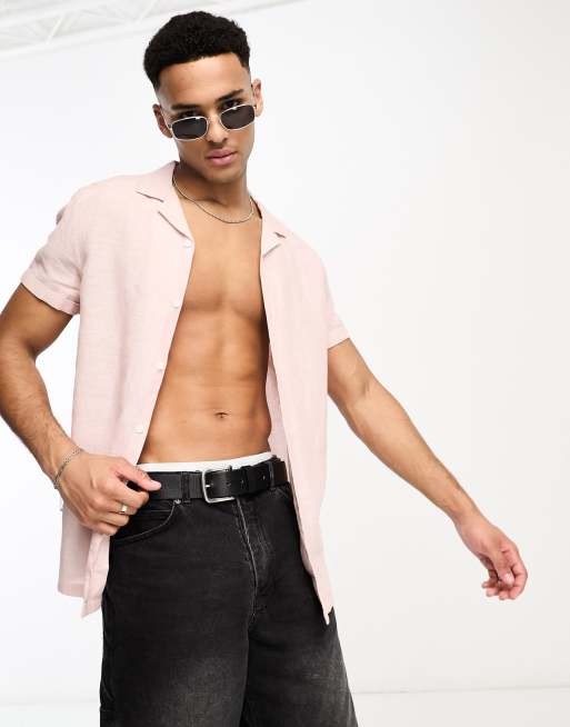 ASOS DESIGN - Camicia comoda in lino rosa con rever e maniche arrotolate
