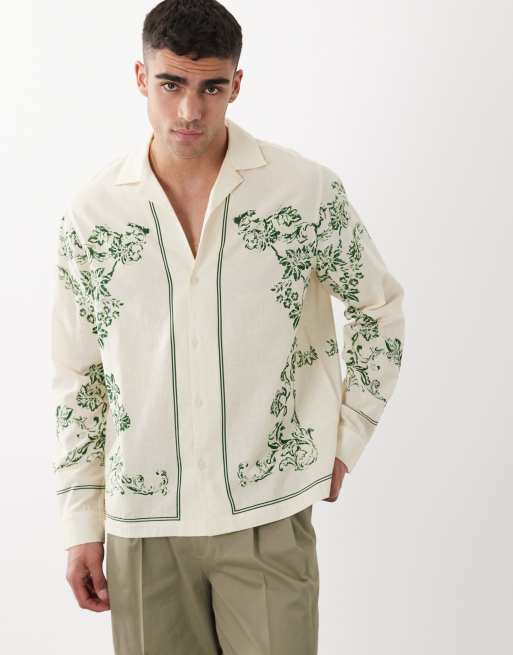 ASOS DESIGN - Camicia comoda in misto lino bianca con stampa a fiori, 5 di 5