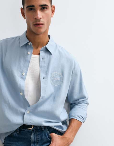 ASOS DESIGN - Camicia comoda in misto lino blu con ricamo sul petto - view 1