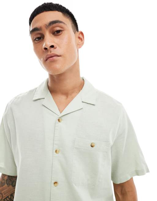 ASOS DESIGN - Camicia comoda in misto lino con colletto con rever verde pallido