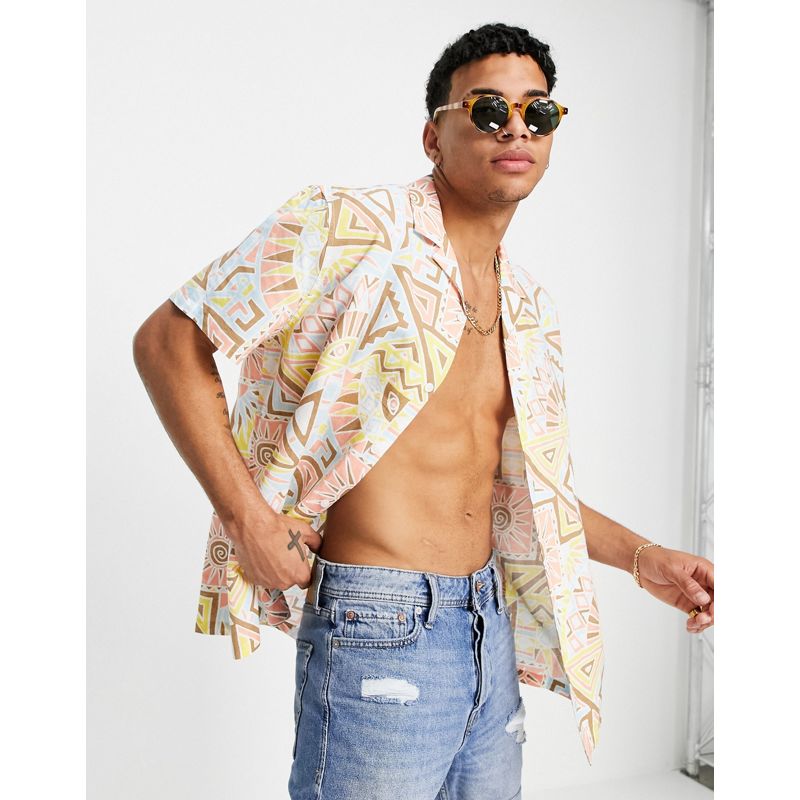 Camicie stampate Uomo DESIGN - Camicia comoda in misto lino con rever e stampa azteca color pastello