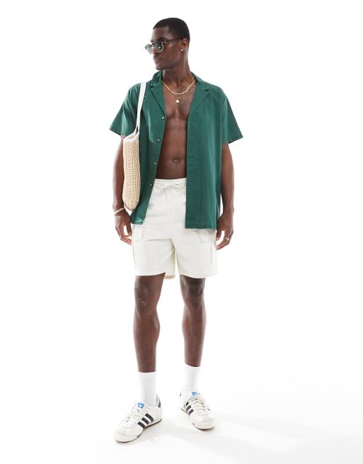 ASOS DESIGN - Camicia comoda in misto lino verde scuro con colletto con rever profondo