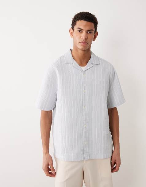 ASOS DESIGN - Camicia comoda in piqué testurizzata a righe azzurra con rever - view 1