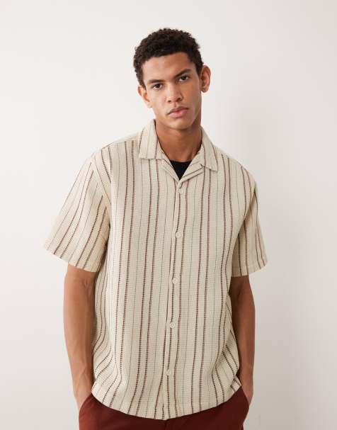 ASOS DESIGN - Camicia comoda in piqué testurizzata a righe beige con rever - view 1