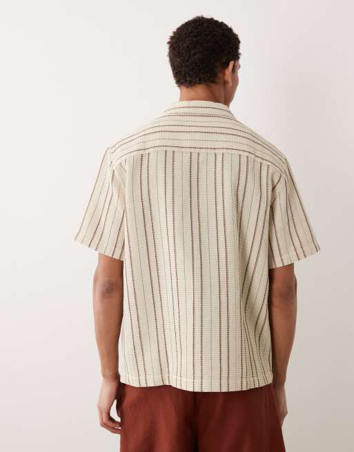 ASOS DESIGN - Camicia comoda in piqué testurizzata a righe beige con rever, 6 di 6