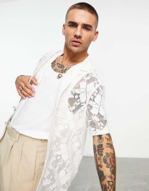 ASOS DESIGN - Camicia comoda in pizzo bianco a fiori con colletto con rever profondo