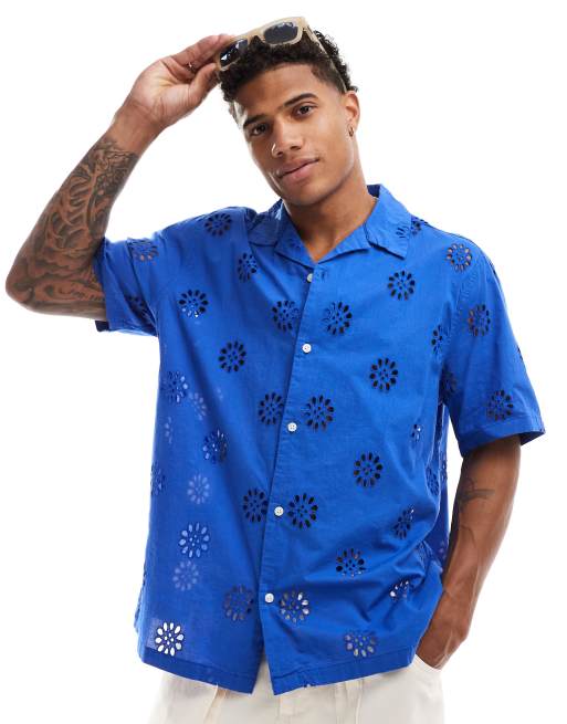 ASOS DESIGN - Camicia comoda in pizzo blu con colletto con rever, 2 di 4