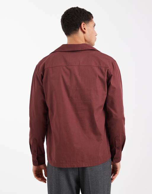 ASOS DESIGN - Camicia comoda in popeline bordeaux con colletto sciallato, 3 di 5