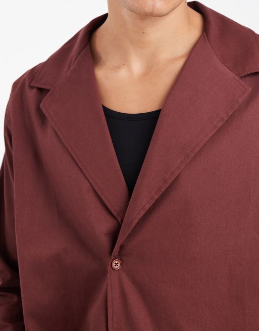 ASOS DESIGN - Camicia comoda in popeline bordeaux con colletto sciallato, 5 di 5