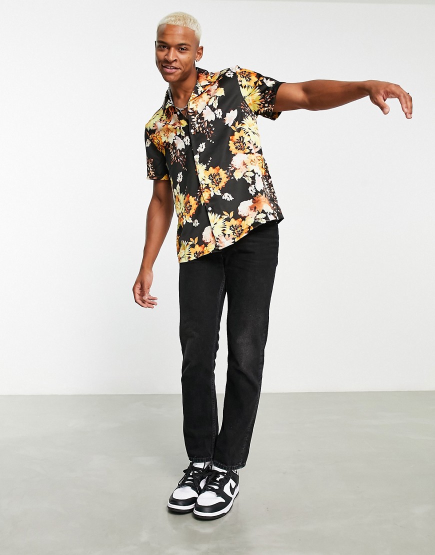 Camicia comoda in raso nero con stampa a fiori - ASOS DESIGN Camicia donna  - immagine1