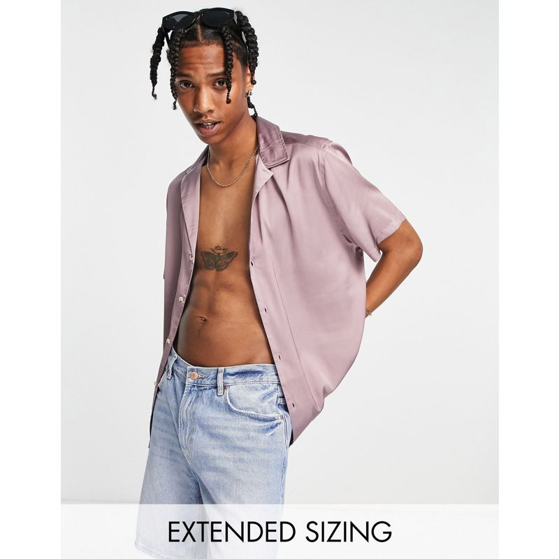 Uomo Camicie tinta unita DESIGN - Camicia comoda in raso rosa con ampio collo a rever
