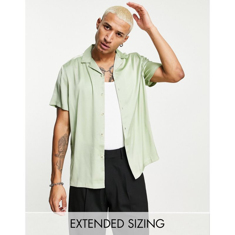 DESIGN - Camicia comoda in raso verde salvia con rever