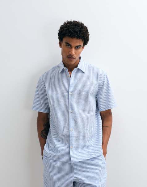 ASOS DESIGN - Camicia comoda in seersucker a righe blu a righe in coordinato - view 1
