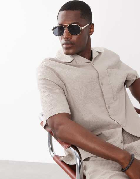 ASOS DESIGN - Camicia comoda in seersucker beige con rever in coordinato - view 1