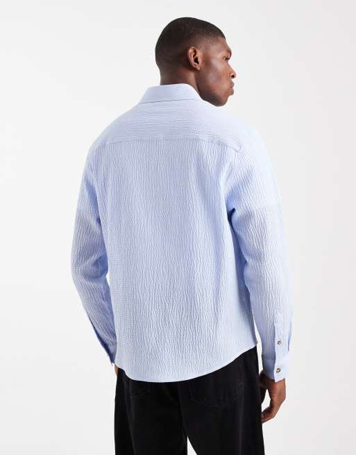 ASOS DESIGN - Camicia comoda in seersucker blu con ricamo, 3 di 5