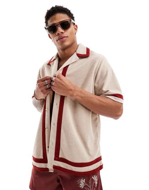 ASOS DESIGN - Camicia comoda in spugna neutro a pannelli con rever