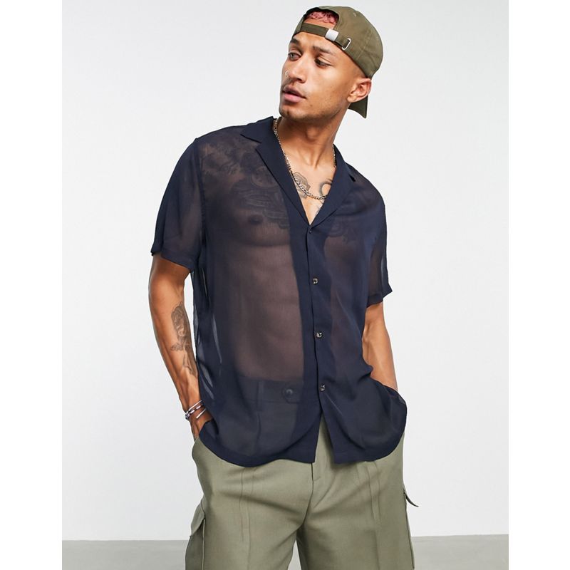 Uomo Camicie DESIGN - Camicia comoda in tessuto crêpe trasparente con colletto con rever, colore blu navy