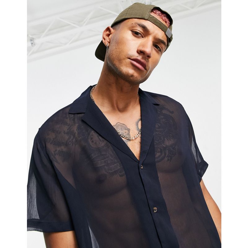 Uomo Camicie DESIGN - Camicia comoda in tessuto crêpe trasparente con colletto con rever, colore blu navy