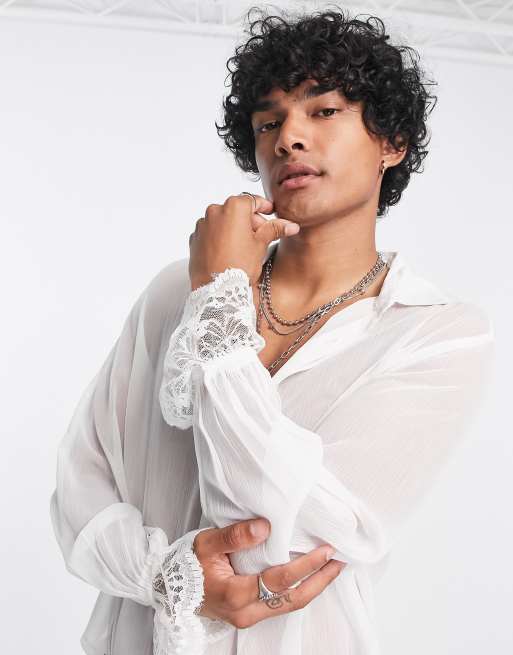 ASOS DESIGN - Camicia comoda in tessuto trasparente bianco con polsini in pizzo 