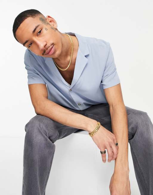 ASOS DESIGN - Camicia comoda in viscosa blu con rever