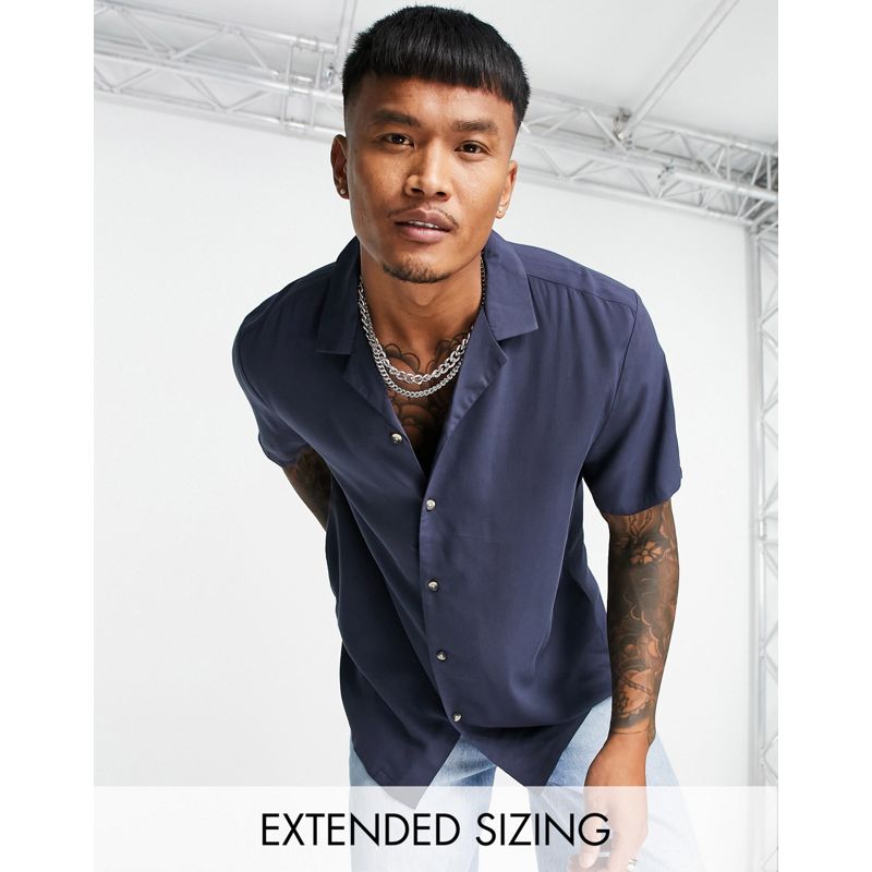 Camicie Uomo DESIGN - Camicia comoda in viscosa con colletto con rever blu navy