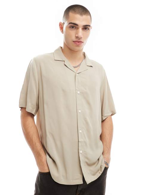 ASOS DESIGN - Camicia comoda in viscosa con colletto con rever color pietra