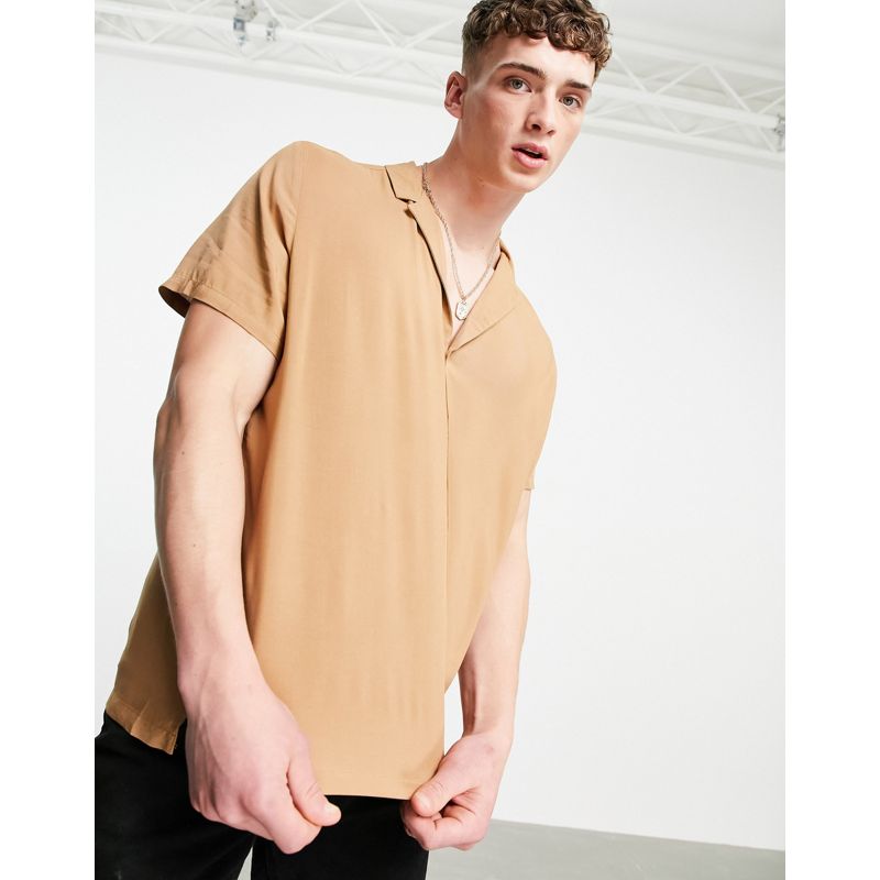 Camicie Camicie tinta unita DESIGN - Camicia comoda in viscosa marrone con colletto a rever