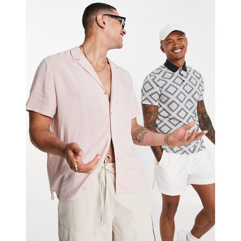 Uomo JTjn9 DESIGN - Camicia comoda in viscosa rosa con colletto rever