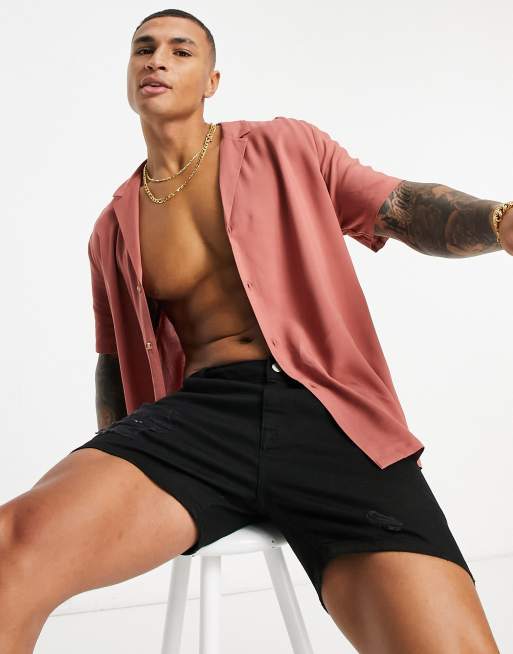 ASOS DESIGN - Camicia comoda in viscosa rosso mattone con colletto a rever
