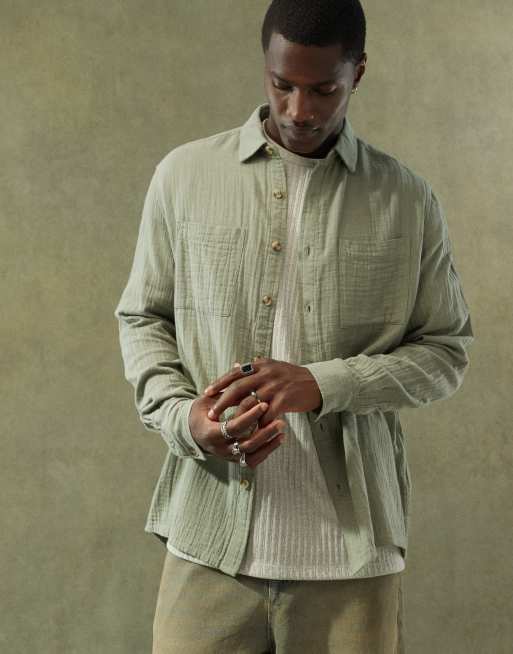 ASOS DESIGN - Camicia comoda kaki con colletto squadrato