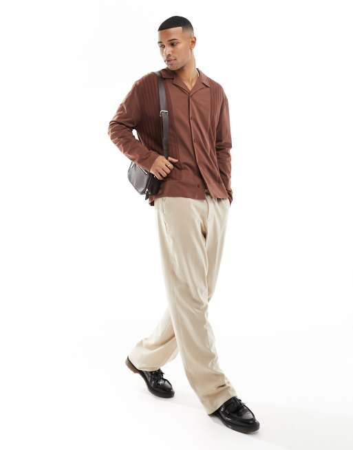 ASOS DESIGN - Camicia comoda marrone con colletto con rever e dettaglio a coste