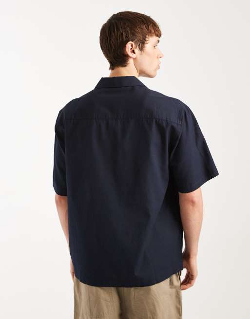 ASOS DESIGN - Camicia comoda misto lino con rever a righe blu navy, 3 di 5
