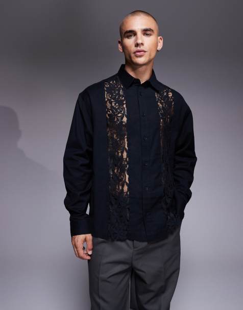 ASOS DESIGN - Camicia comoda nera con inserti in pizzo - view 1