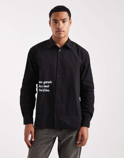 ASOS DESIGN - Camicia comoda nera con scritta stampata sul davanti - view 1