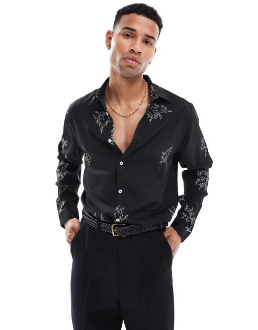 ASOS DESIGN - Camicia comoda nera con stampa di cuori