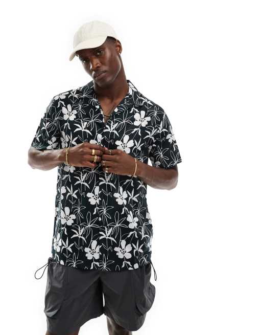ASOS DESIGN - Camicia comoda nera e bianca effetto lino con stampa a fiori e rever 