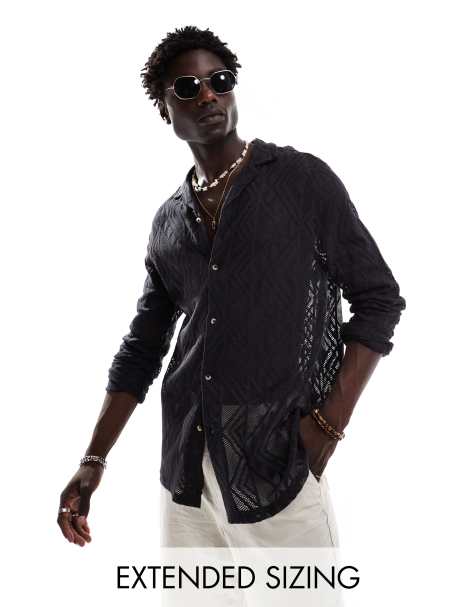 ASOS DESIGN - Camicia comoda nera geometrica all'uncinetto con rever - view 1
