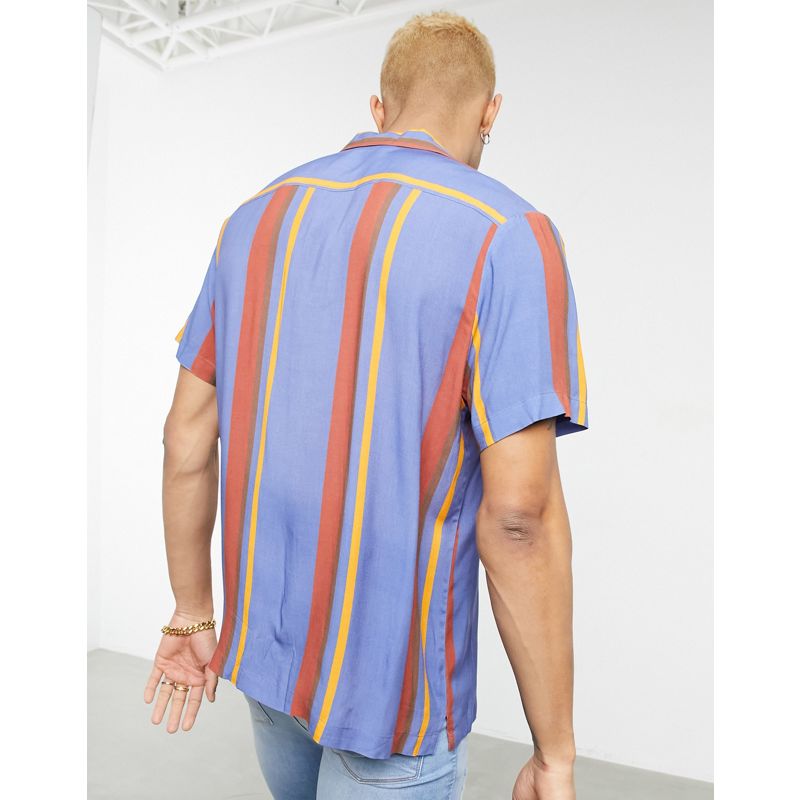 Camicie stampate Camicie DESIGN - Camicia comoda rétro arancione e blu a righe con rever
