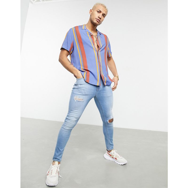 Camicie stampate Camicie DESIGN - Camicia comoda rétro arancione e blu a righe con rever
