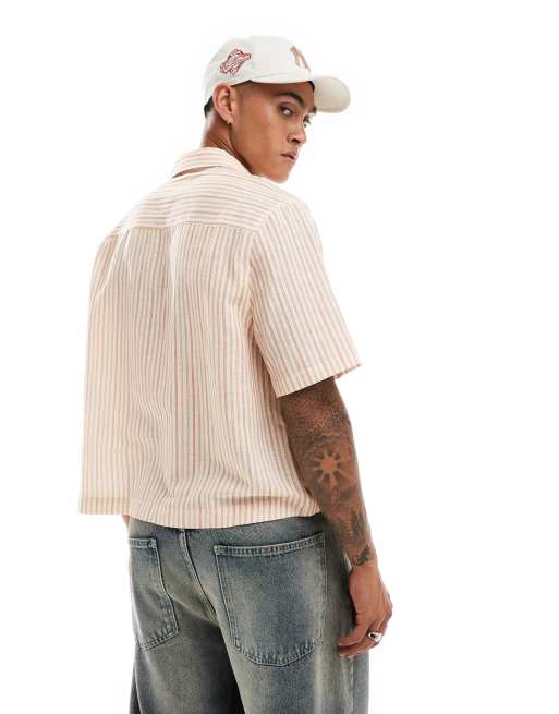 ASOS DESIGN - Camicia comoda squadrata a maniche corte in misto lino e cotone a righe neutre