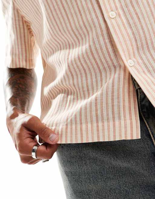 ASOS DESIGN - Camicia comoda squadrata a maniche corte in misto lino e cotone a righe neutre