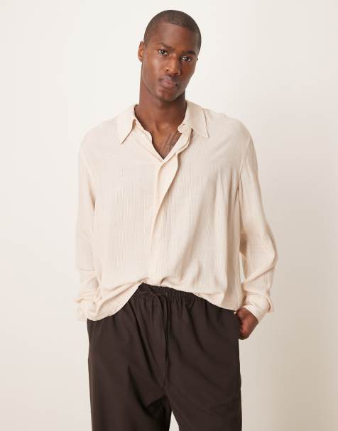 ASOS DESIGN - Camicia comoda squadrata marrone a righe con colletto anni '70 - view 1