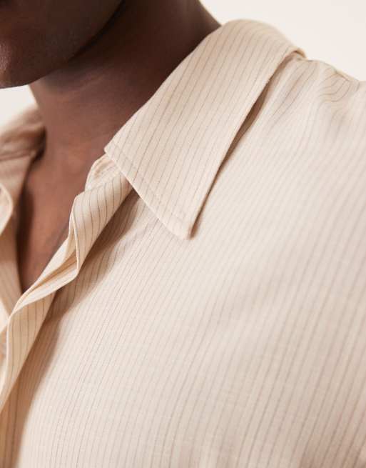 ASOS DESIGN - Camicia comoda squadrata marrone a righe con colletto anni '70, 3 di 4
