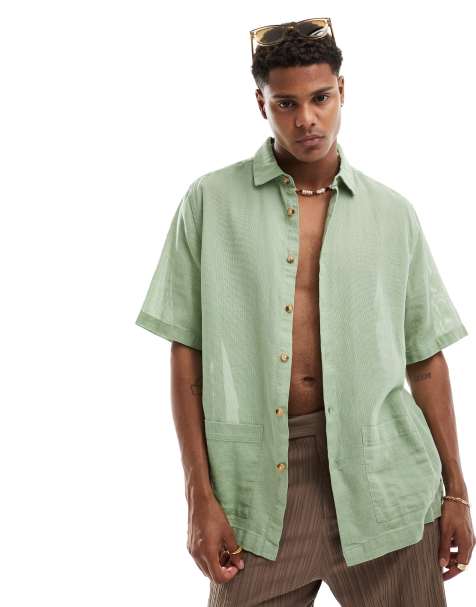 ASOS DESIGN - Camicia comoda testurizzata verde salvia con tasche applicate - view 1