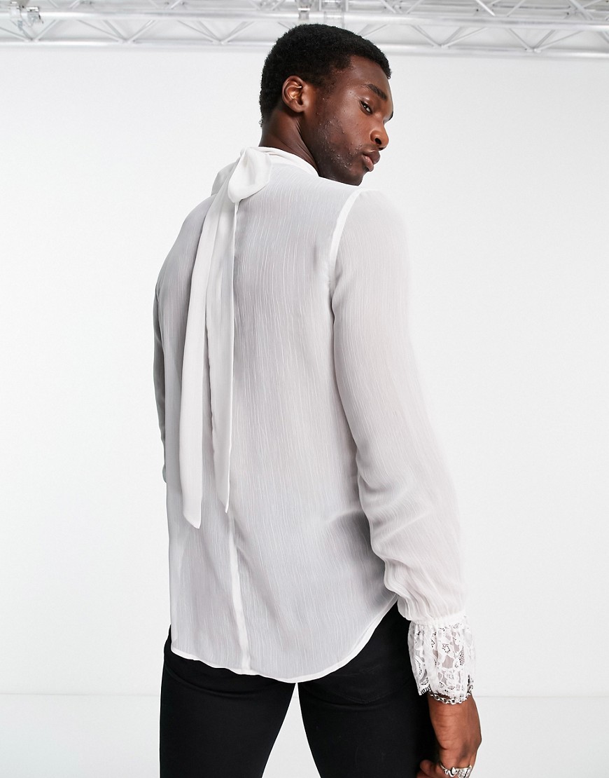Camicia comoda trasparente con colletto e polsini in pizzo e laccio sul collo bianca-Bianco - ASOS DESIGN Camicia donna  - immagine1