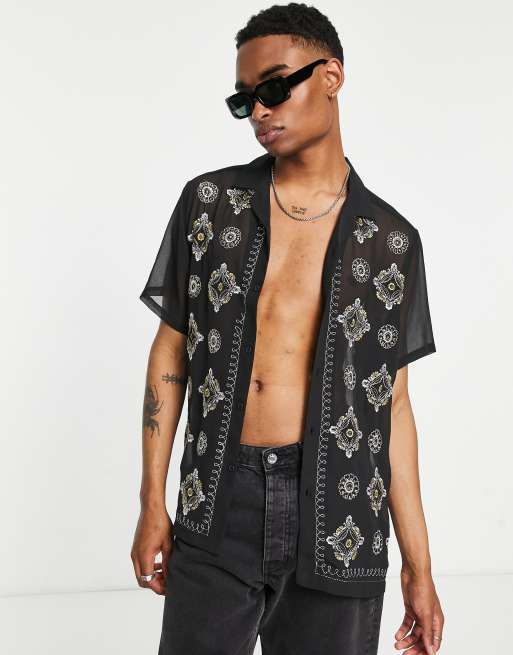 ASOS DESIGN - Camicia comoda trasparente con rever e ricamo metallizzato