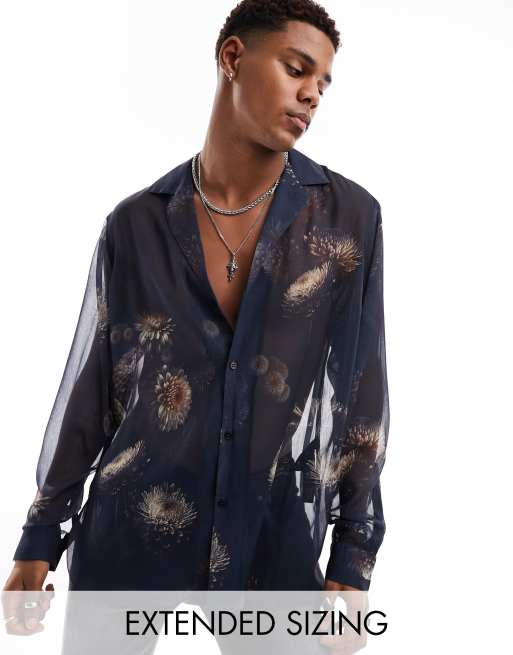 ASOS DESIGN - Camicia comoda trasparente con stampa fotografica a fiori e rever pronunciato