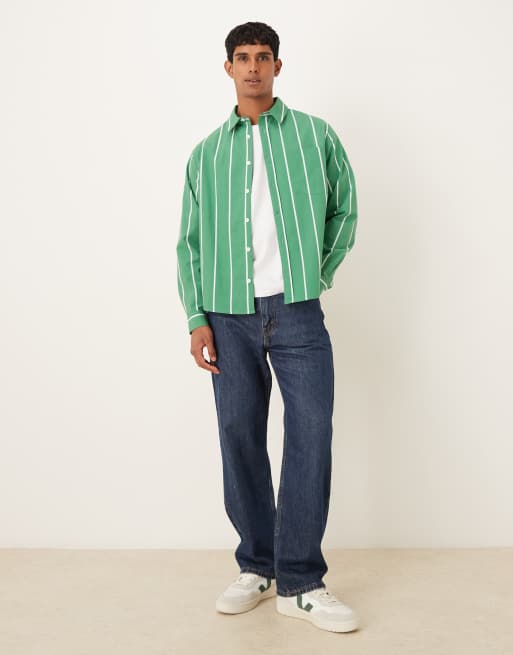 ASOS DESIGN - Camicia comoda verde a righe con colletto squadrato, 2 di 5