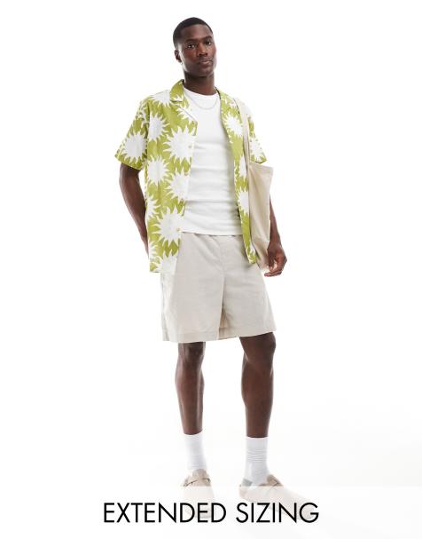 ASOS DESIGN - Camicia con collo a rever comoda effetto lino verde con stampa di soli - view 1